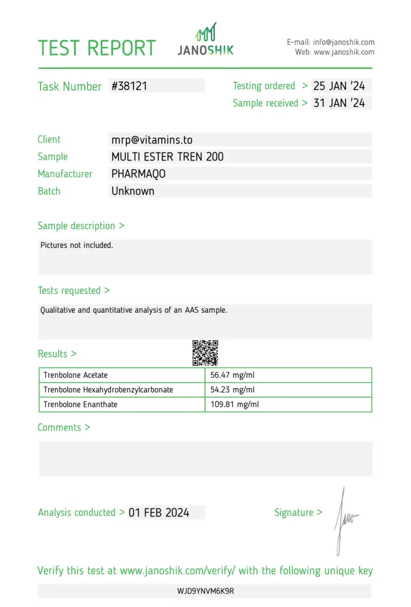 Laboratory Test Results - Tri Trenbolone (Multi Ester Trenbolone Mix) PharmaQo Labs #1