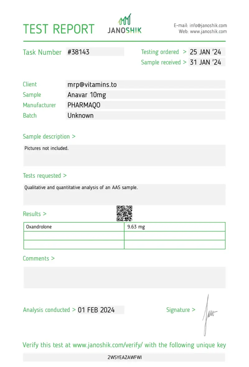 PharmaQo Anavar 10mg Pills - Laboratory Test Results