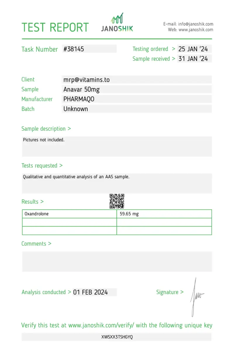 PharmaQo Labs Anavar 50mg - Laboratory Test Results (with verification code)