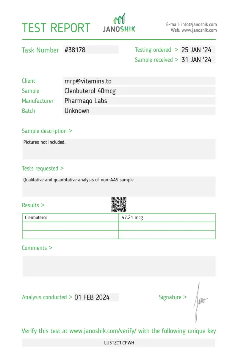Laboratory Test Results for Clenbuterol Tablets - PharmaQO Labs