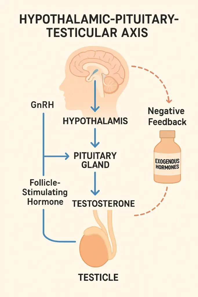Diagram illustrating the Hypothalamic-Pituitary-Testicular Axis (HPTA) and its role in testosterone production, showing negative feedback from exogenous hormones.