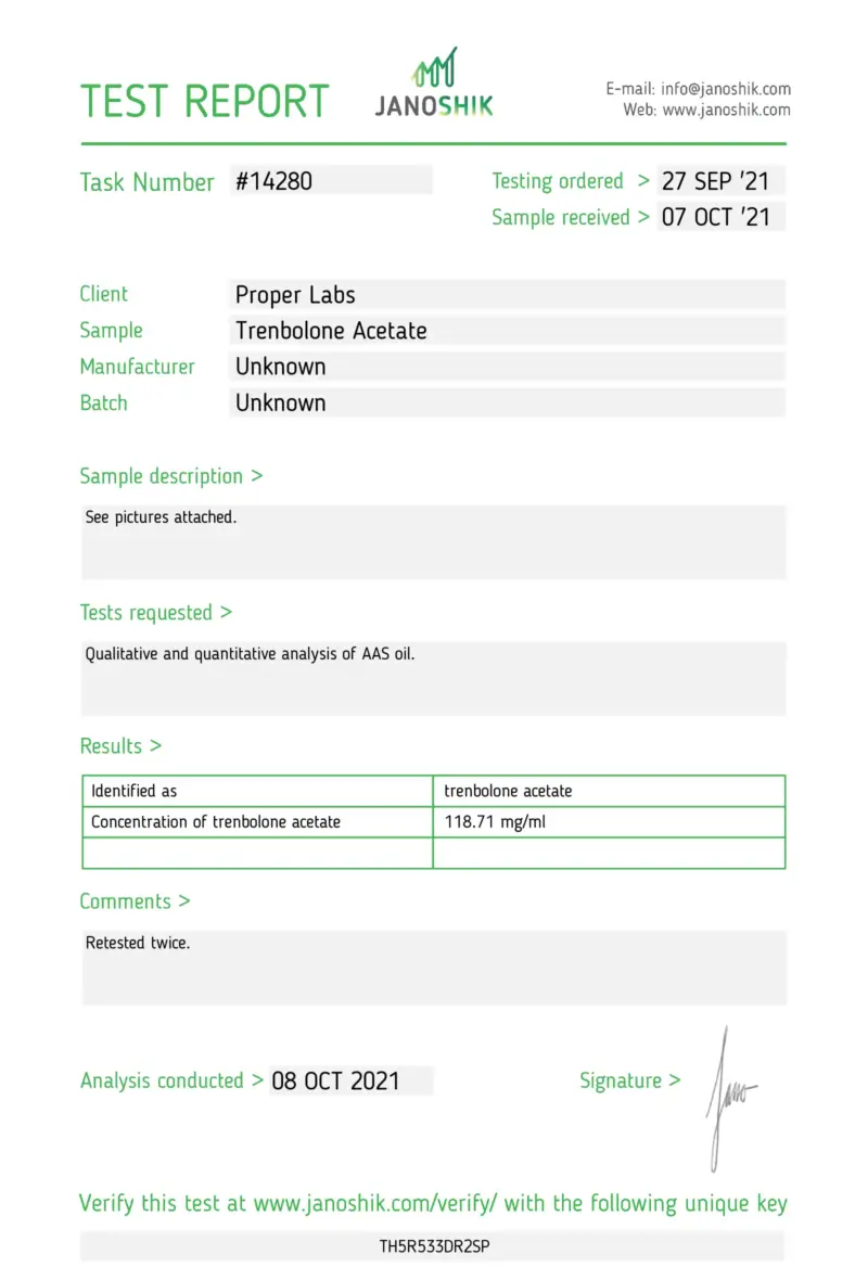 Laboratory Test Results - Trenbolone Acetate - Proper Labs