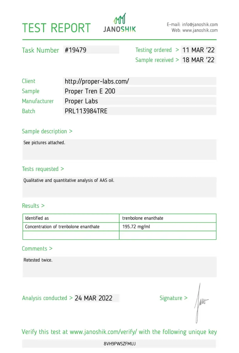Laboratory Test Results - Trenbolone Enanthate - Proper Labs