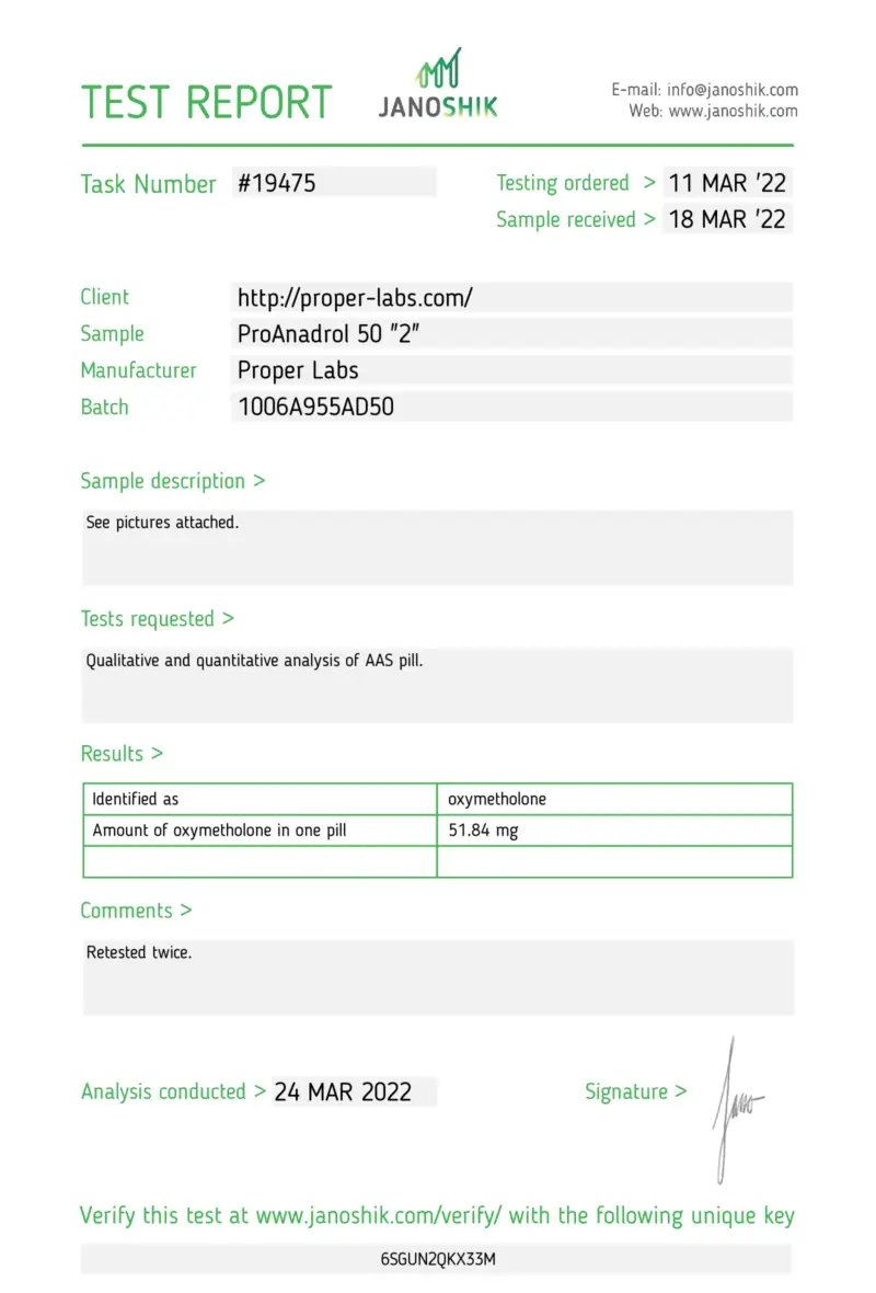Laboratory Test Results - Oxy Anadrol 50 - Proper Labs #1