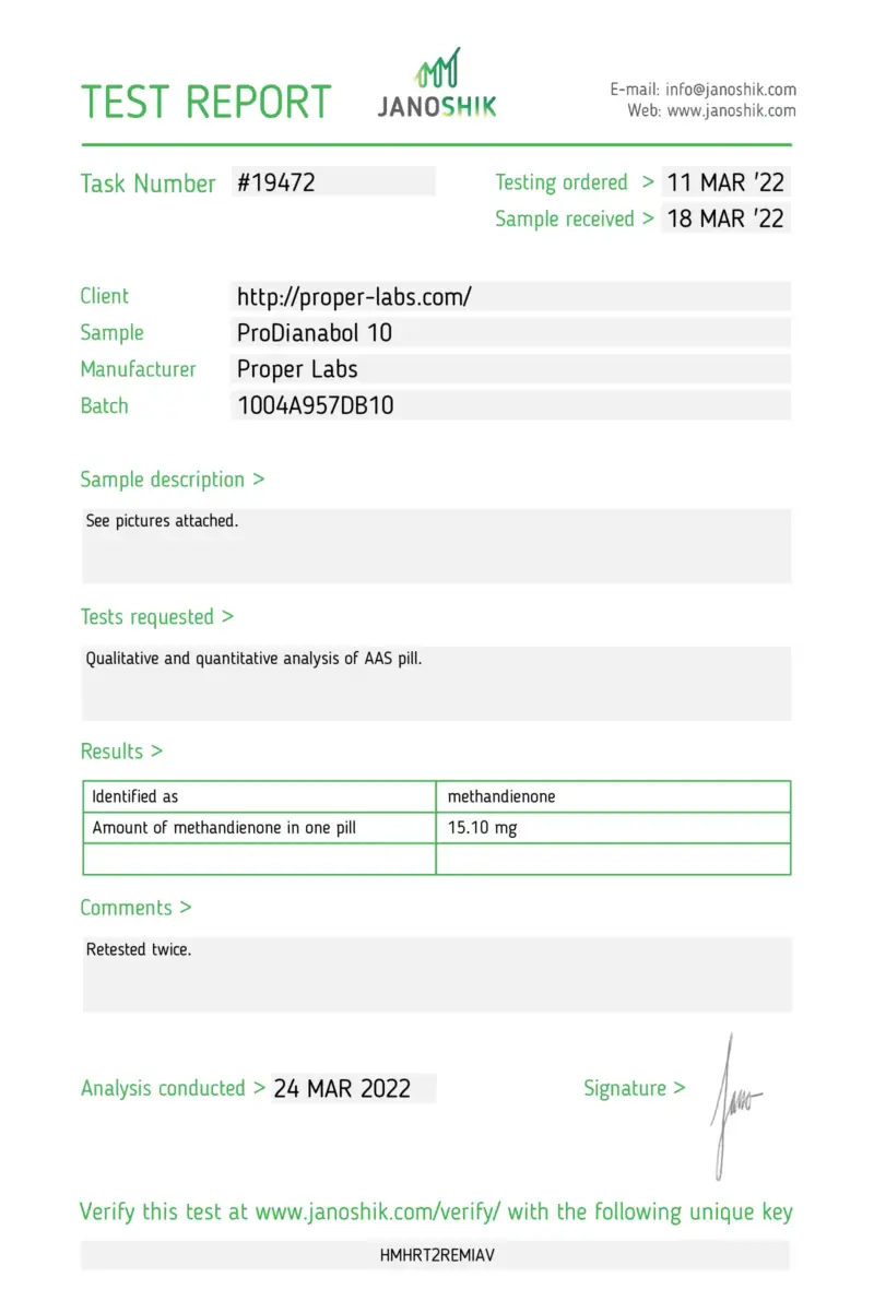 Laboratory Test Results for Dianabol 10 mg Tablets - Proper labs