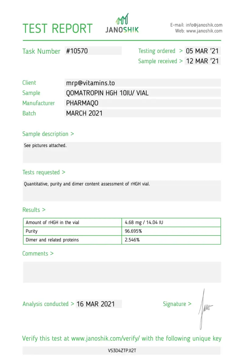 Laboratory Test Results: Qomatropin HGH - PharmaQO Labs #2