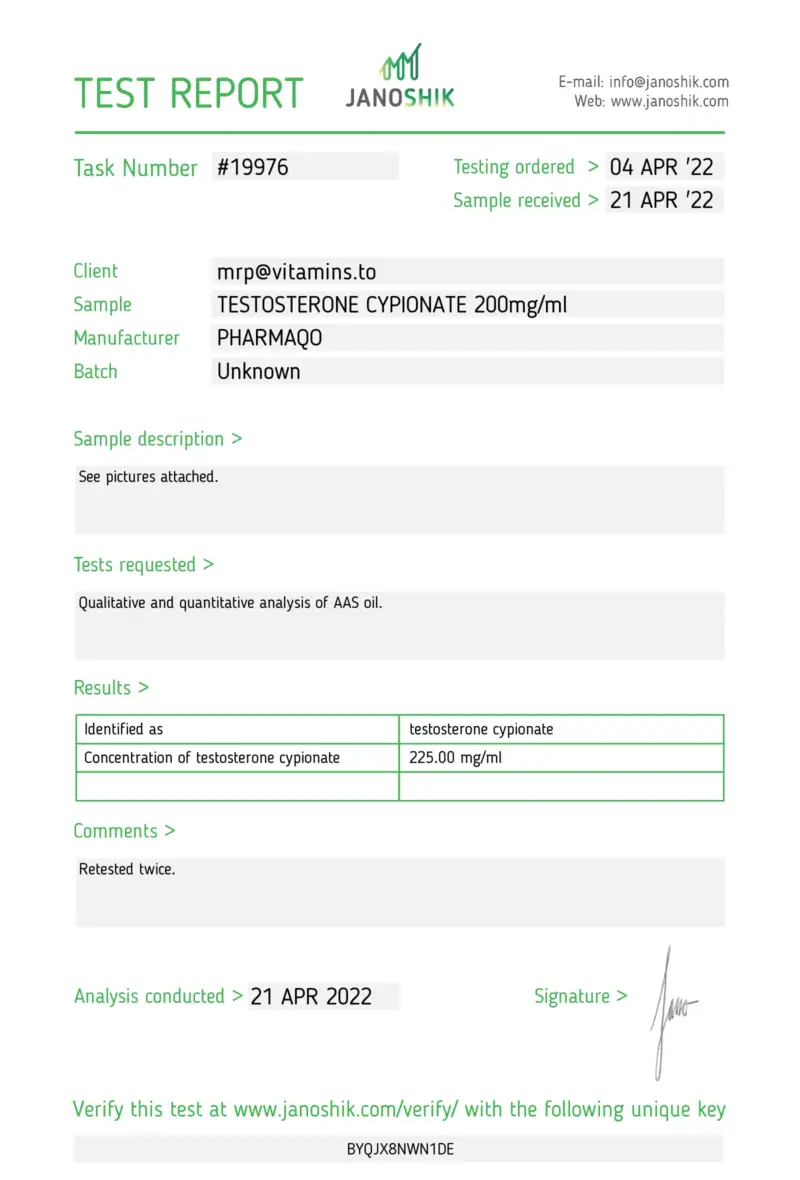 Laboratory Test Results for Testosterone Cypionate PharmaQo Labs #1