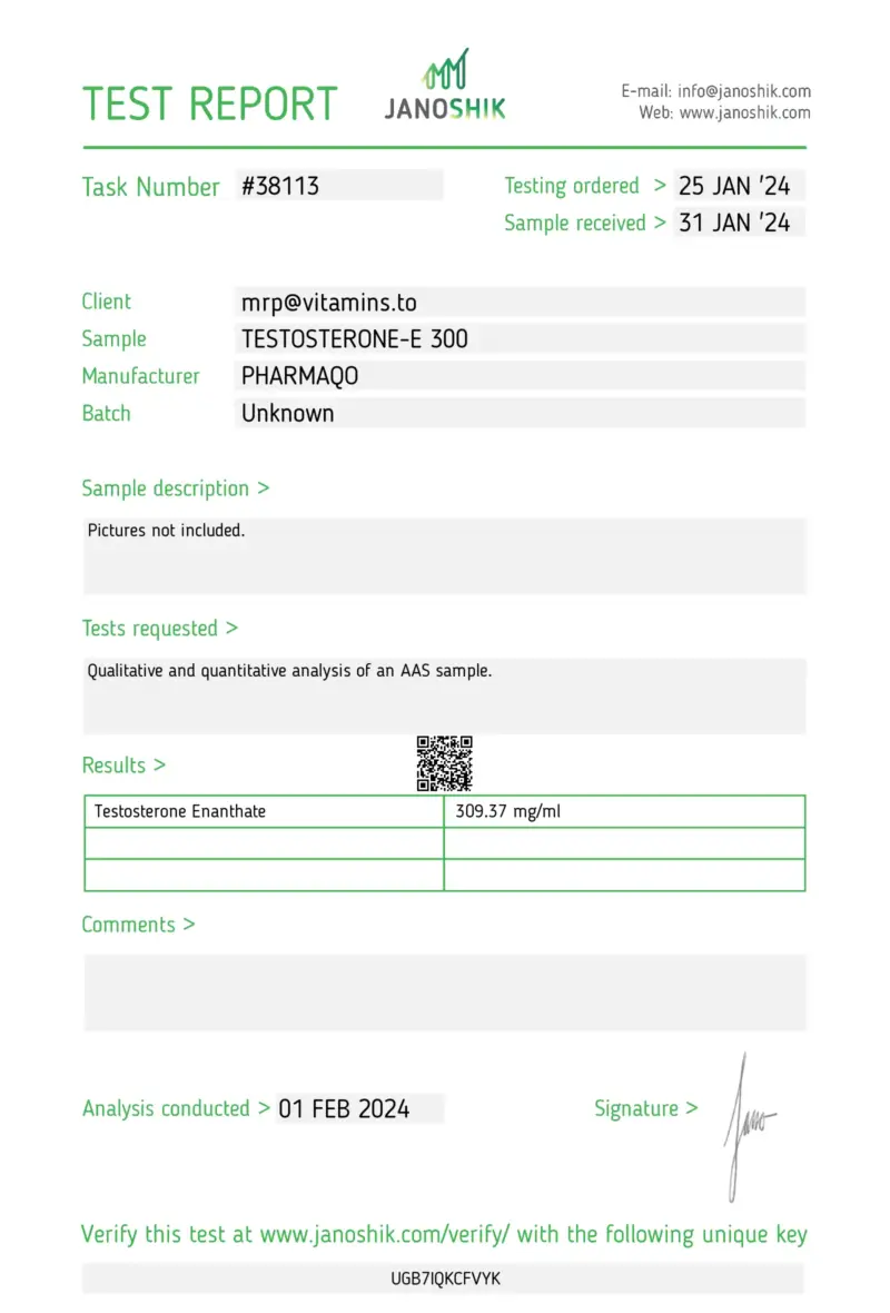 Laboratory Test Results for Testosterone Enanthate PharmaQo Labs #1