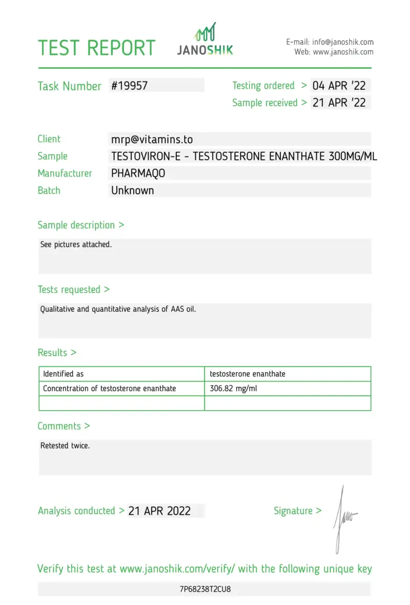 Laboratory Test Results for Testosterone Enanthate PharmaQo Labs #2