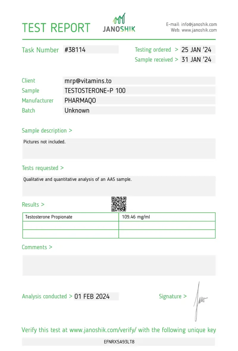 Laboratory Test Results for Testosterone Propionate PharmaQo Labs #1