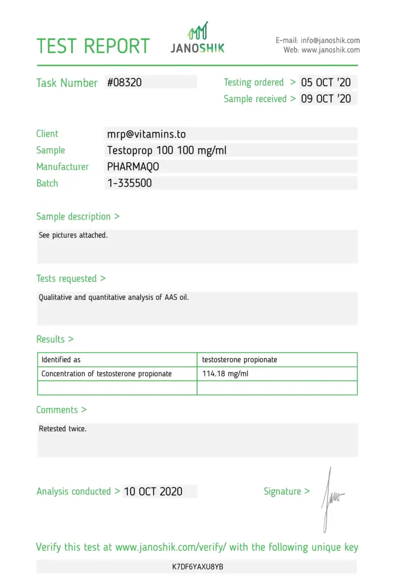 Laboratory Test Results for Testosterone Propionate PharmaQo Labs #2