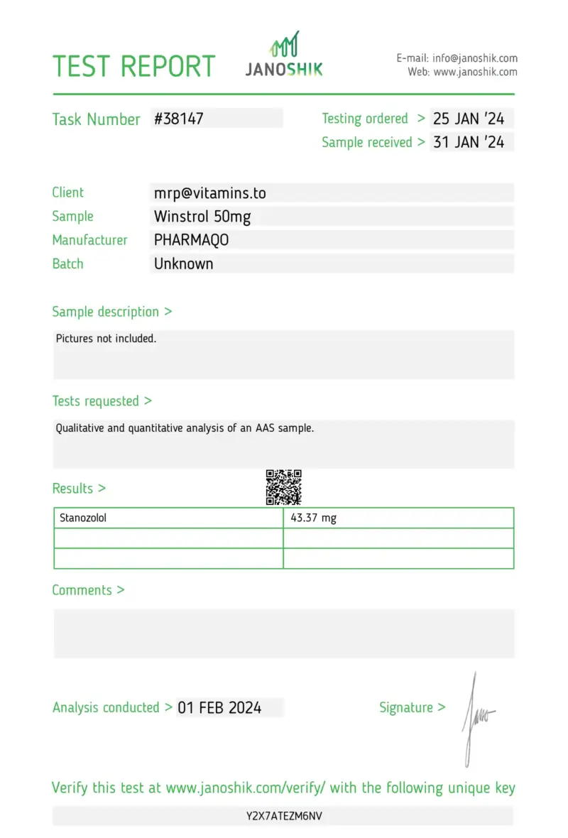 Laboratory Test Results for Winstrol 50mg (stanozolol tablets) - PharmaQo Labs #1