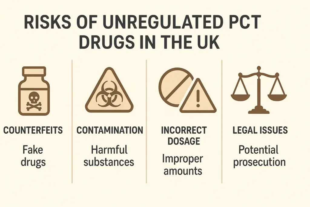 Infographic listing risks of unregulated Post Cycle Therapy drugs in the UK: counterfeits, contamination, incorrect dosage, legal issues.