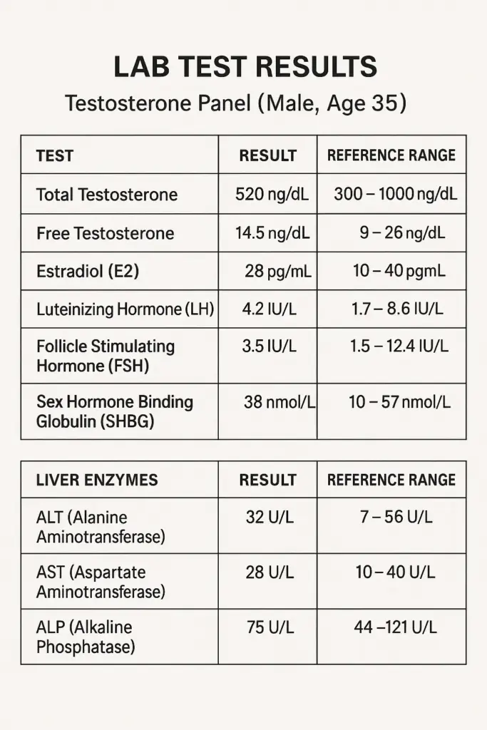 Example anonymized lab test results for testosterone panel research education. Illustrates key markers like Total T, Free T, E2, LH, FSH, and liver enzymes for educational understanding.